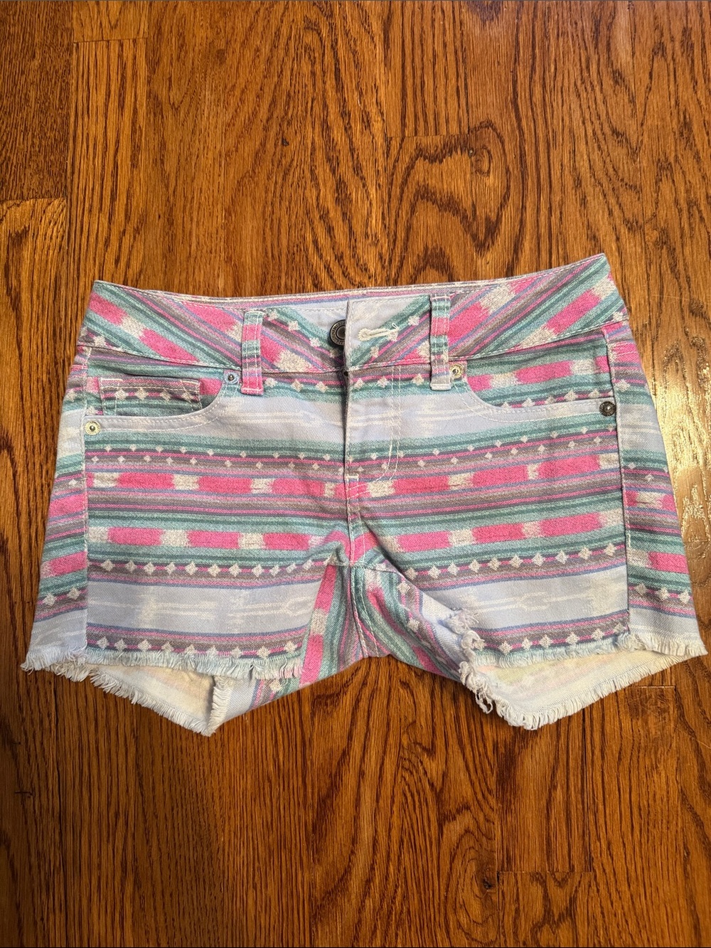 American Eagle Outfitters Pastel Aztec Denim Stretch Shorts Size 0